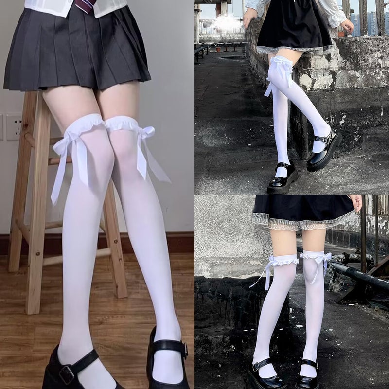 Ninejuize Thigh High Stockings with Bow, Santa Accessory Y2K Fishnet Socks with Lace Brim Lingerie Tights for Women - Image 5
